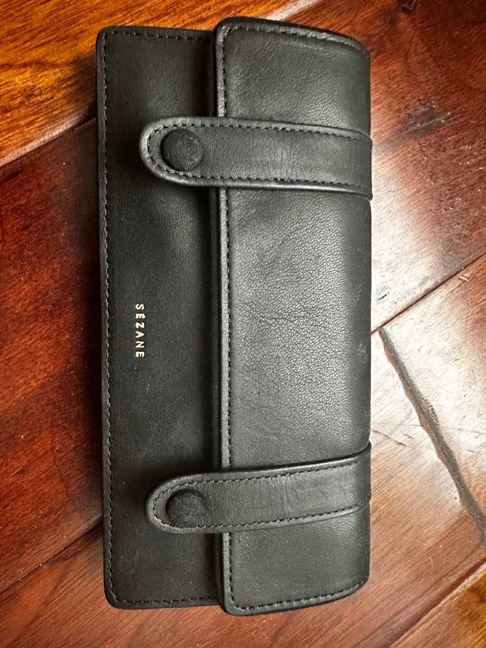 Sézane Black Leather Long Wallet – Double Snap Closure